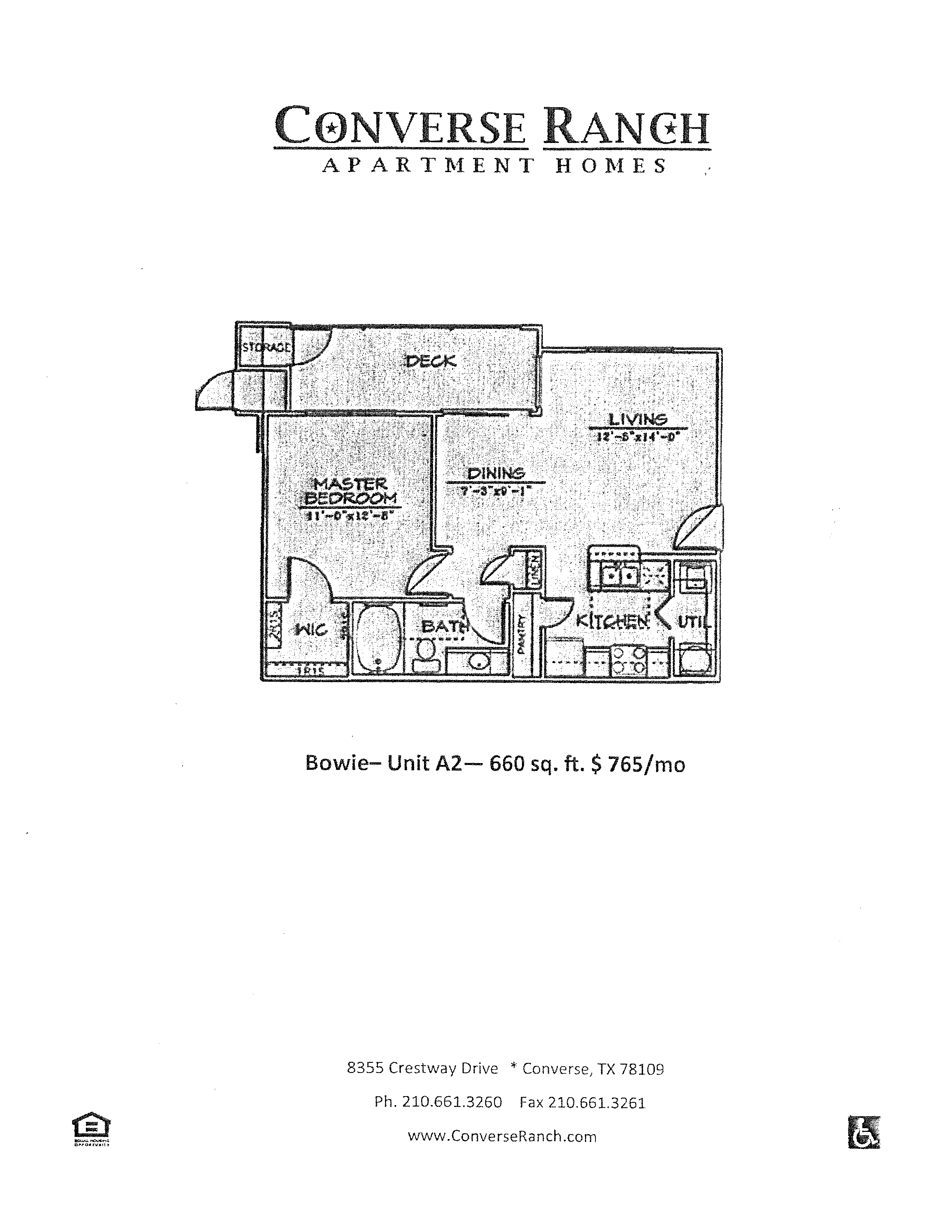 Floor plan for 1 bed, 1 bath, 660 sqft